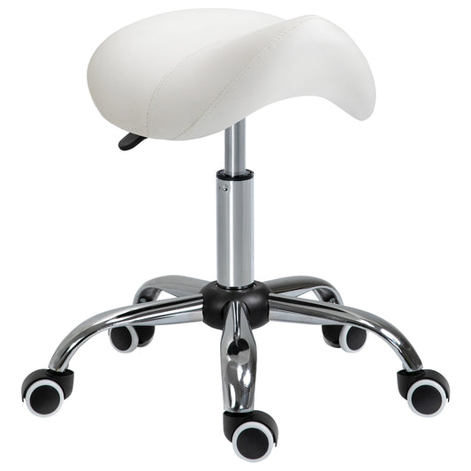 Adjustable Hydraulic Rolling Salon Stool Swivel Saddle Chair Spa Beauty Seat PU Leather, Cream White - Gallery Canada