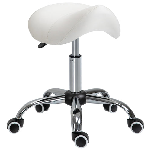 Adjustable Hydraulic Rolling Salon Stool Swivel Saddle Chair Spa Beauty Seat PU Leather, Cream White
