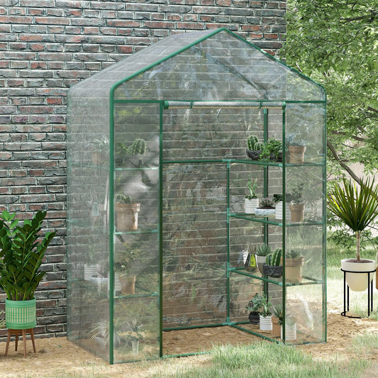 56” x 29” x 77” Walk-In Greenhouse, 4 Tier Shelves, Roll Up Door, Transparent Walk In Greenhouses Deep Green Frame, Transparent Cover at Gallery Canada