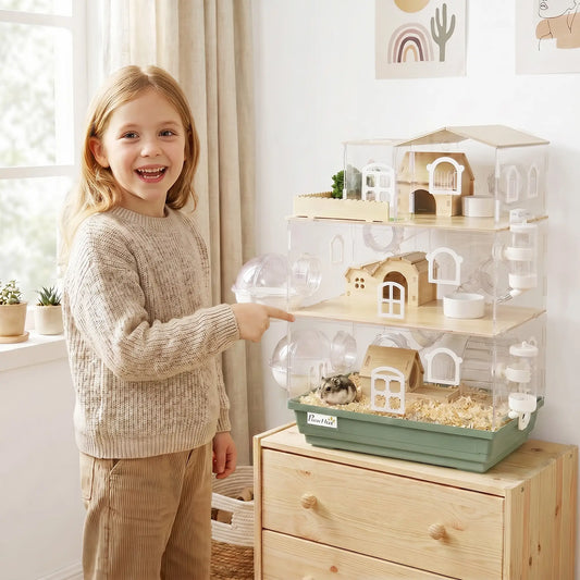 Large Hamster Cage, 3 Tiers Acrylic Hamster Habitat with Water Bottles, Running Wheel for Pet Mice, Dwarf Hamster Hamster Cages Green, Transparent, Natural Wood at Gallery Canada