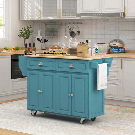 Rolling Kitchen Island with Storage, Drop Leaf, Rubber Wood Top, Light Blue Kitchen Islands & Kitchen Carts Light Blue at Gallery Canada
