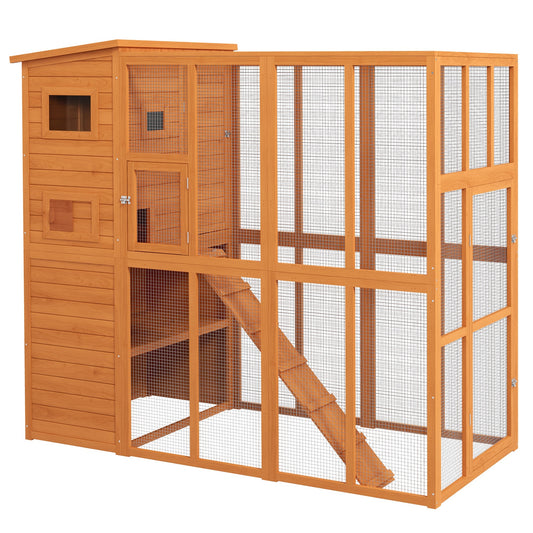 68.75" H Cat Cage Large Wooden Outdoor Cat House with Large Run for Play, Catio for Lounging, and Condo Area for Sleeping, Natural - Gallery Canada