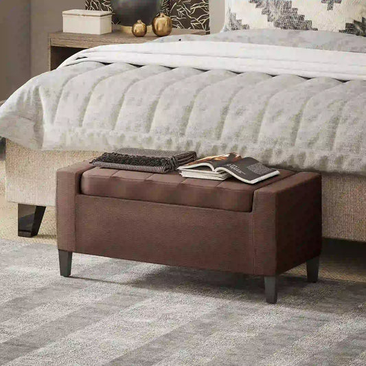 Storage Ottoman Bench, Linen Upholstered, Tufted, Brown Storage Ottomans & Benches Brown at Gallery Canada
