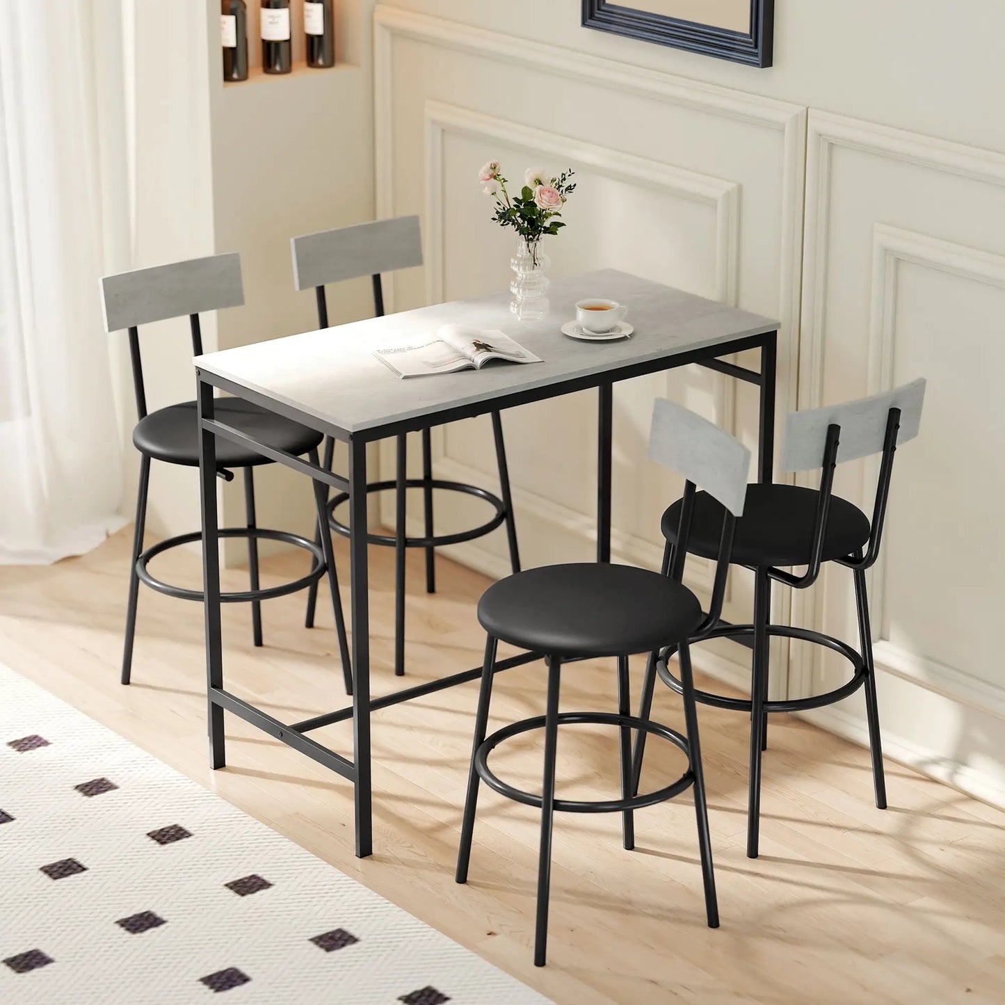 5-Piece Industrial Bar Table Set, 4 Stools with Footrest, Cement Grey Bar Sets at Gallery Canada