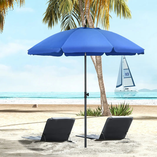 6ft Beach Umbrella, UV50+ Vented Canopy, Push Button Tilt, Blue Beach Umbrellas Blue at Gallery Canada
