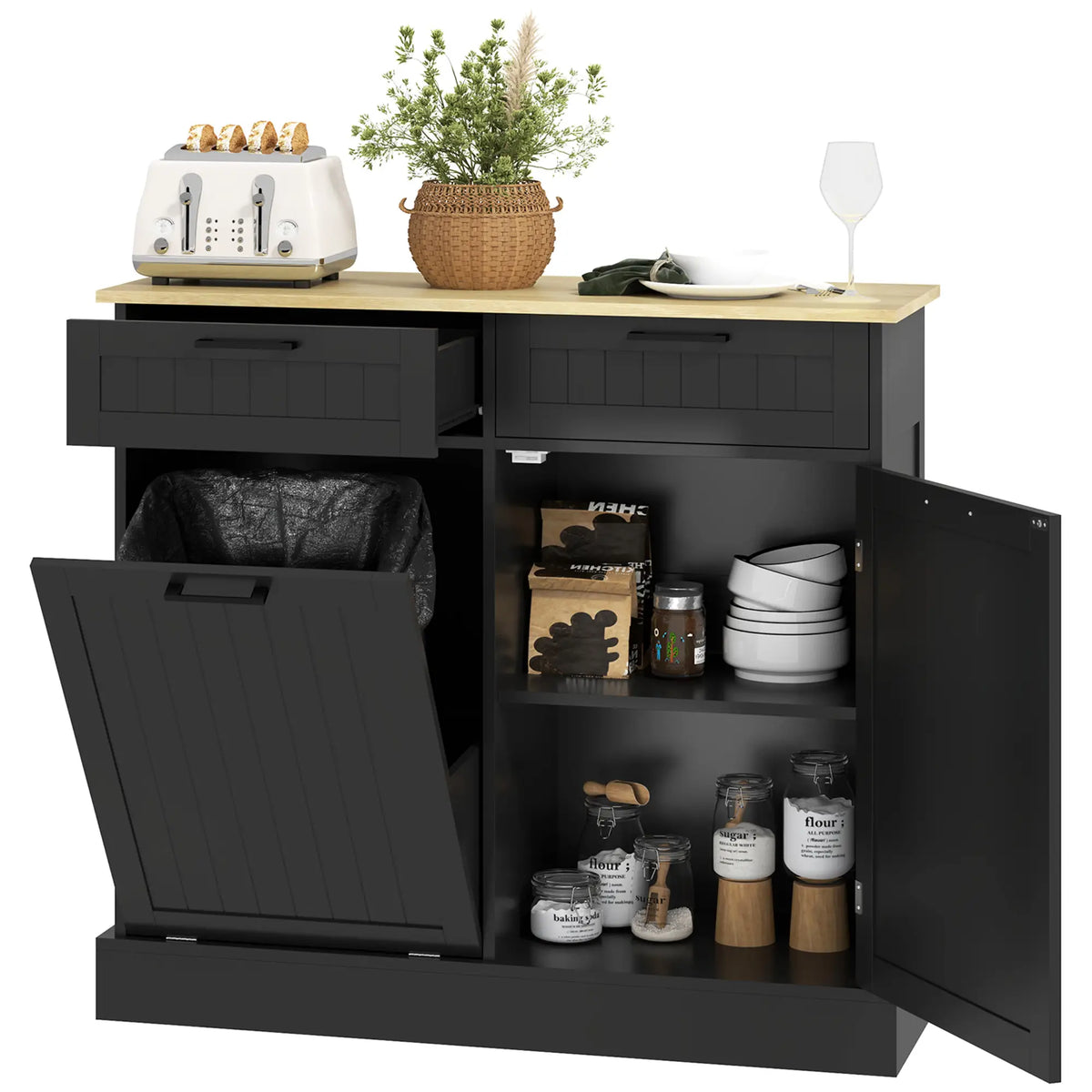Hidden Garbage Bin Cabinet, Tilt Out Trash, 2 Drawers, Freestanding, Black Bar Cabinets at Gallery Canada
