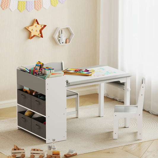 Kids Table and Chairs Set, Toddler Art Set with Paper Roll, Storage, Grey Kids Table Sets Grey, White at Gallery Canada
