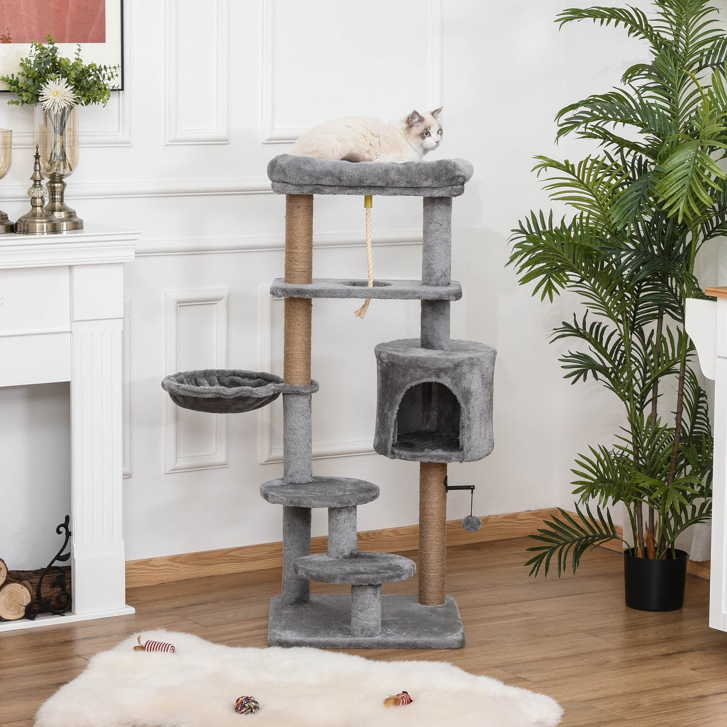 Cat Tree, 47 Inches Multi-Level Cat Tower with Scratching Post, Hammock, Cat Condo, Perch, Toy Ball, Tall Cat Tree for Indoor Cat, Grey at Gallery Canada