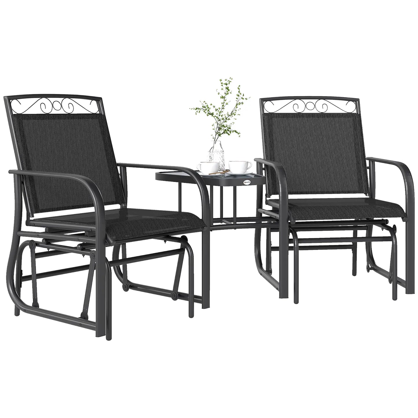 Outdoor Glider Bench with Coffee Table, 2-Seat Rocking Chair Swing, Black Outdoor Gliders at Gallery Canada