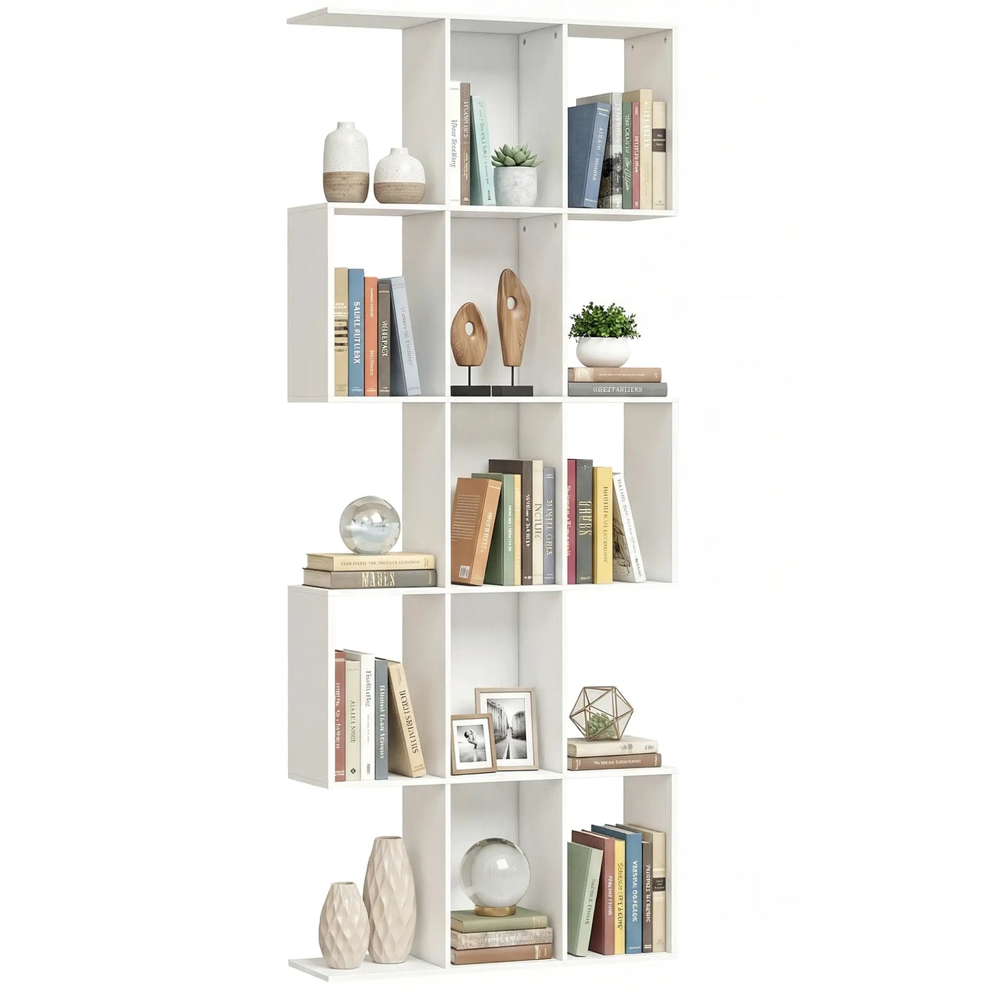 5-Tier Bookshelf, S Shaped Geometric Bookcase, White Wood Grain, White Display Bookshelves at Gallery Canada
