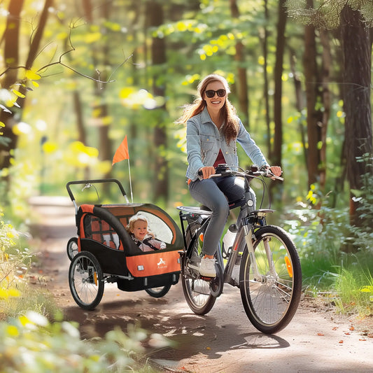 2-in-1 Bike Trailer for Kids, Foldable 2-Seat Baby Stroller with 5-Point Harness, Rubber Wheels, Storage Bag, Orange Kids Bike Trailers Orange, Black, Silver at Gallery Canada