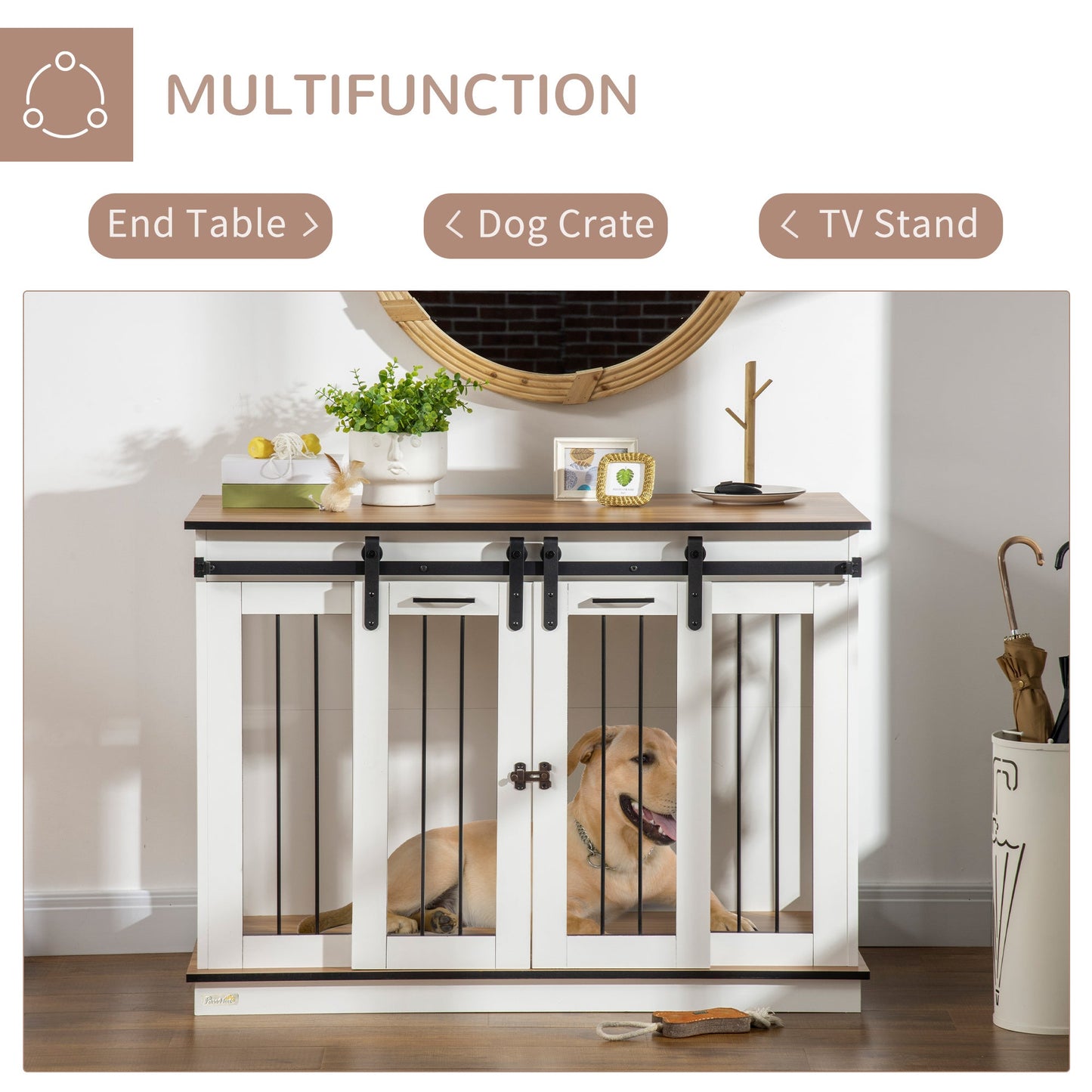 Dog Crate Furniture with Divider Panel, Wooden Dog Kennel TV Stand for Large Dogs, Pet House Side Table for 2 Small Dogs with Two Rooms Design, 2 Sliding Doors, White at Gallery Canada