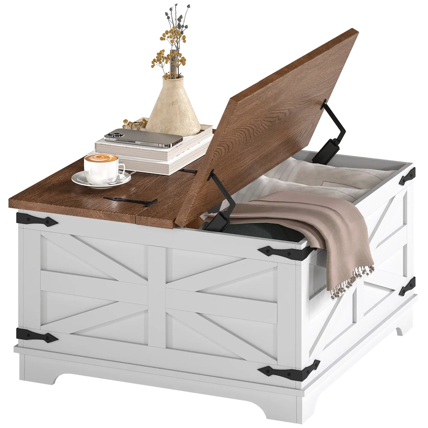 Farmhouse Coffee Table, Square Flip-Top Lid, Hidden Storage, White Coffee Tables at Gallery Canada