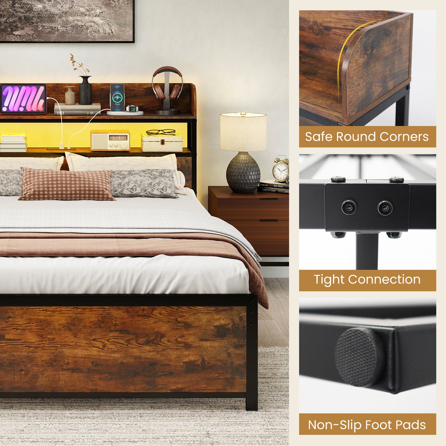 LED Bed Frame with Power Outlets and Storage Headboard-Full Size Beds & Bed Frames at Gallery Canada
