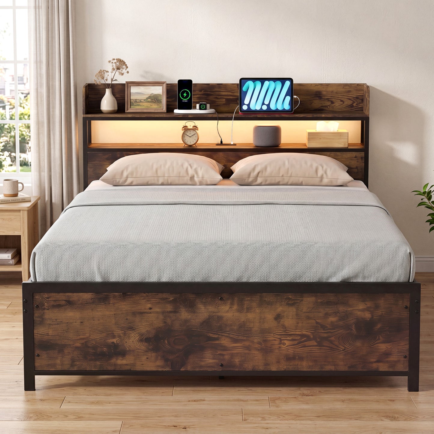 Bed Frame With Power Outlets And Storage Headboard, Queen, LED