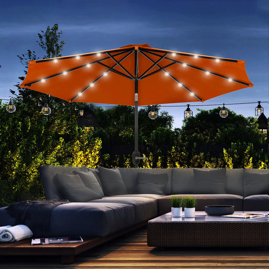9ft Solar Patio Umbrella, 24 LED Lights, Tilt Canopy, Orange Sun Umbrellas Orange, Dark Grey at Gallery Canada