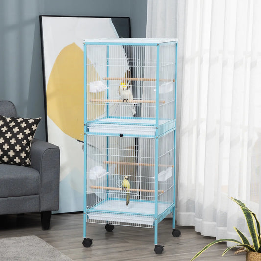 55.1" 2 In 1 Bird Cage Aviary, Wheels, Slide-out Trays, Light Blue