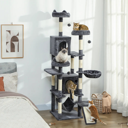 76" Large Cat Tree, 8 Scratching Posts, 3 Plush Beds, 2 Hammocks, Dark Grey Cat Towers Dark Grey, Off-White at Gallery Canada