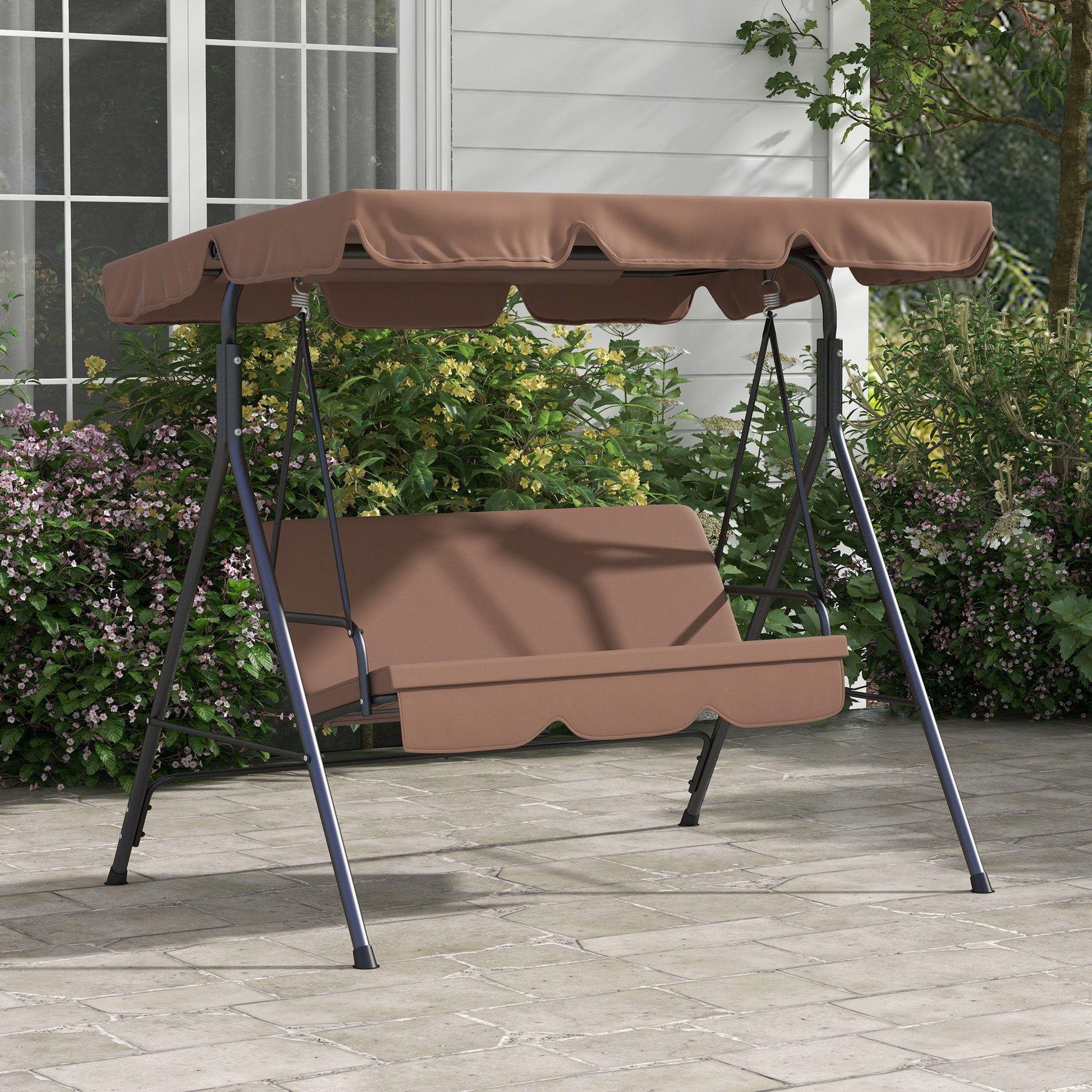 3-Seater Outdoor Porch Swing with Adjustable Canopy, Patio Swing Chair for Garden, Poolside, Backyard, Brown at Gallery Canada