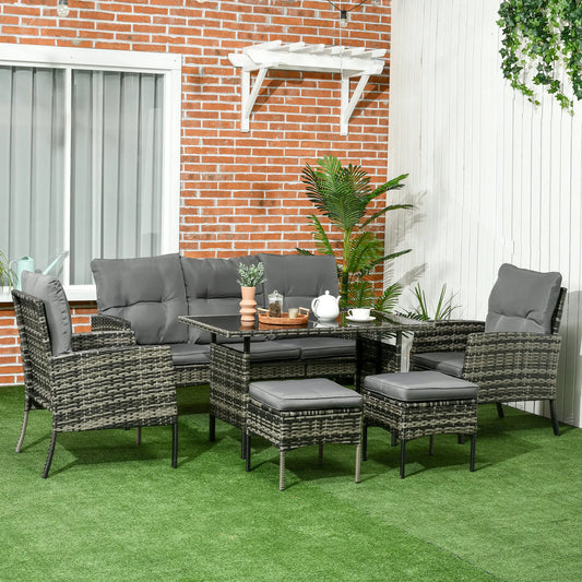 6-Piece Patio Set, Chairs, Ottomans, Sofa, Glass Table, Grey Patio Furniture Sets Grey Rattan, Grey Cushion at Gallery Canada