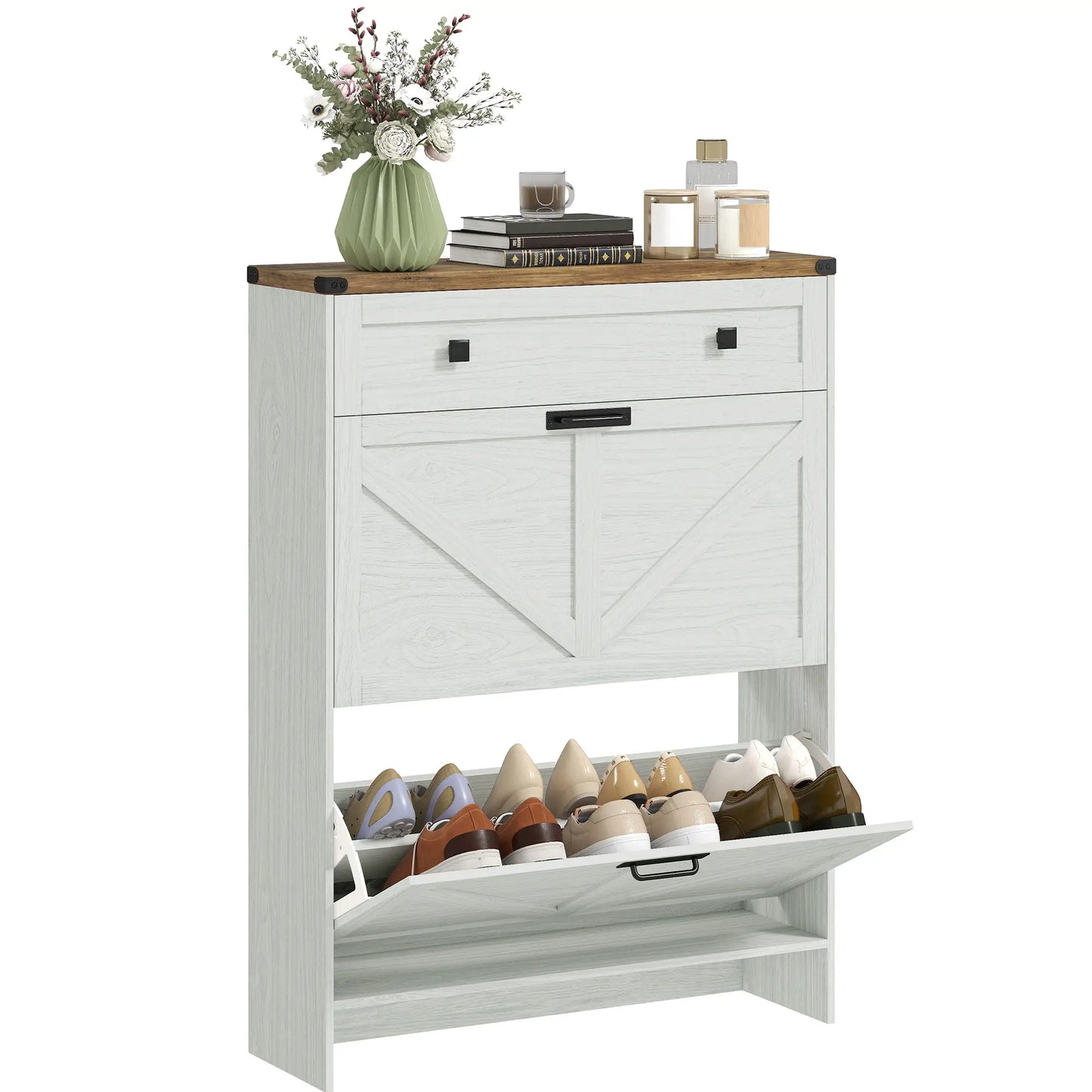 Narrow Shoe Storage Cabinet, 2 Flip Drawers, 1 Drawer, 12 Pairs, White Shoe Storage Cabinets & Racks at Gallery Canada