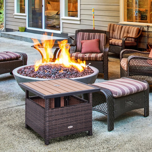 22" Square Steel Rattan Table, Umbrella Hole, Outdoor Patio, Brown Patio Side Tables Brown Rattan, Light Yellow Top at Gallery Canada
