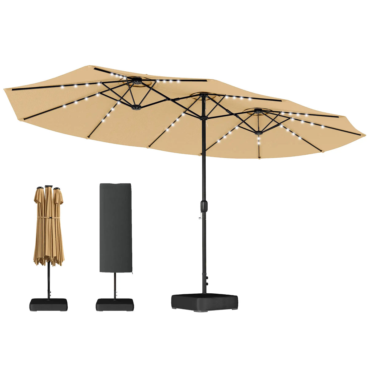 Double Sided Patio Umbrella, 15ft, LED Lights, Base Included, Khaki Double-sided Umbrellas at Gallery Canada