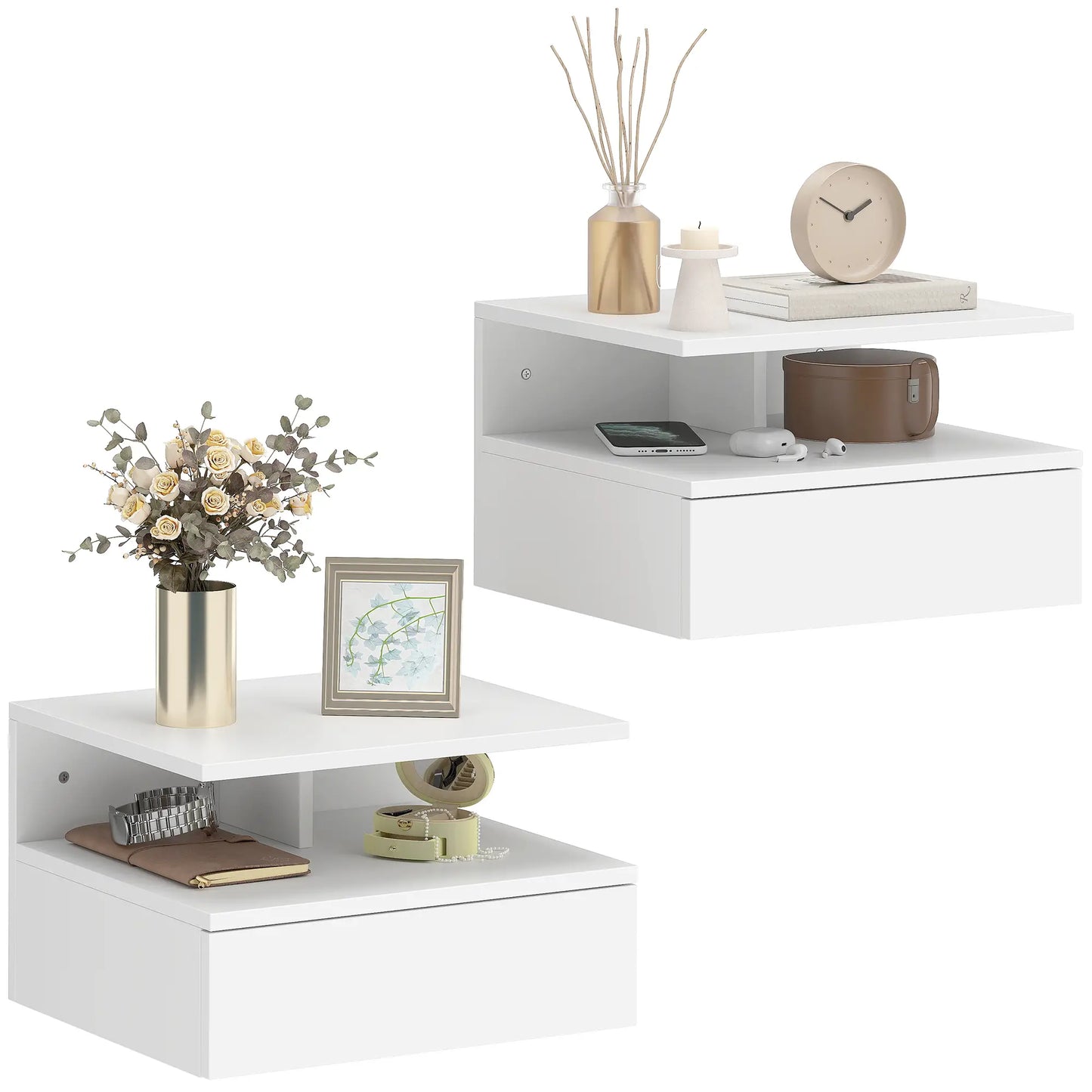 Floating Nightstand Set of 2, Wall Mounted with Drawer, White Bedside Tables at Gallery Canada
