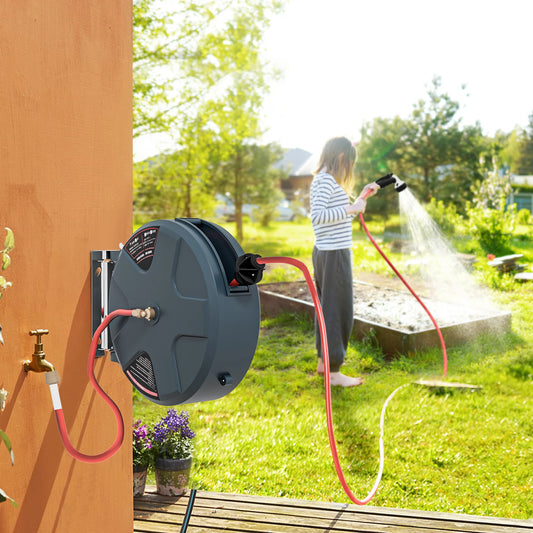 1/2" 49ft Retractable Hose Reel, 8 Pattern Nozzle, Auto Rewind