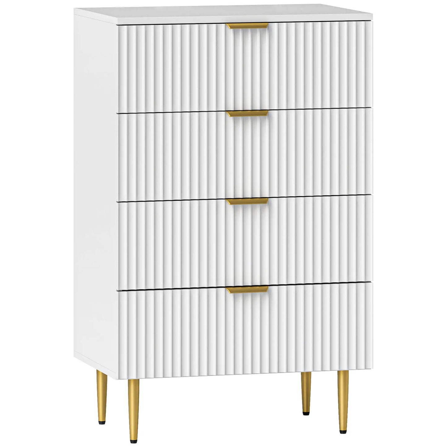 Commode moderne 4 tiroirs, pieds dorés, coffre de chambre, blanc