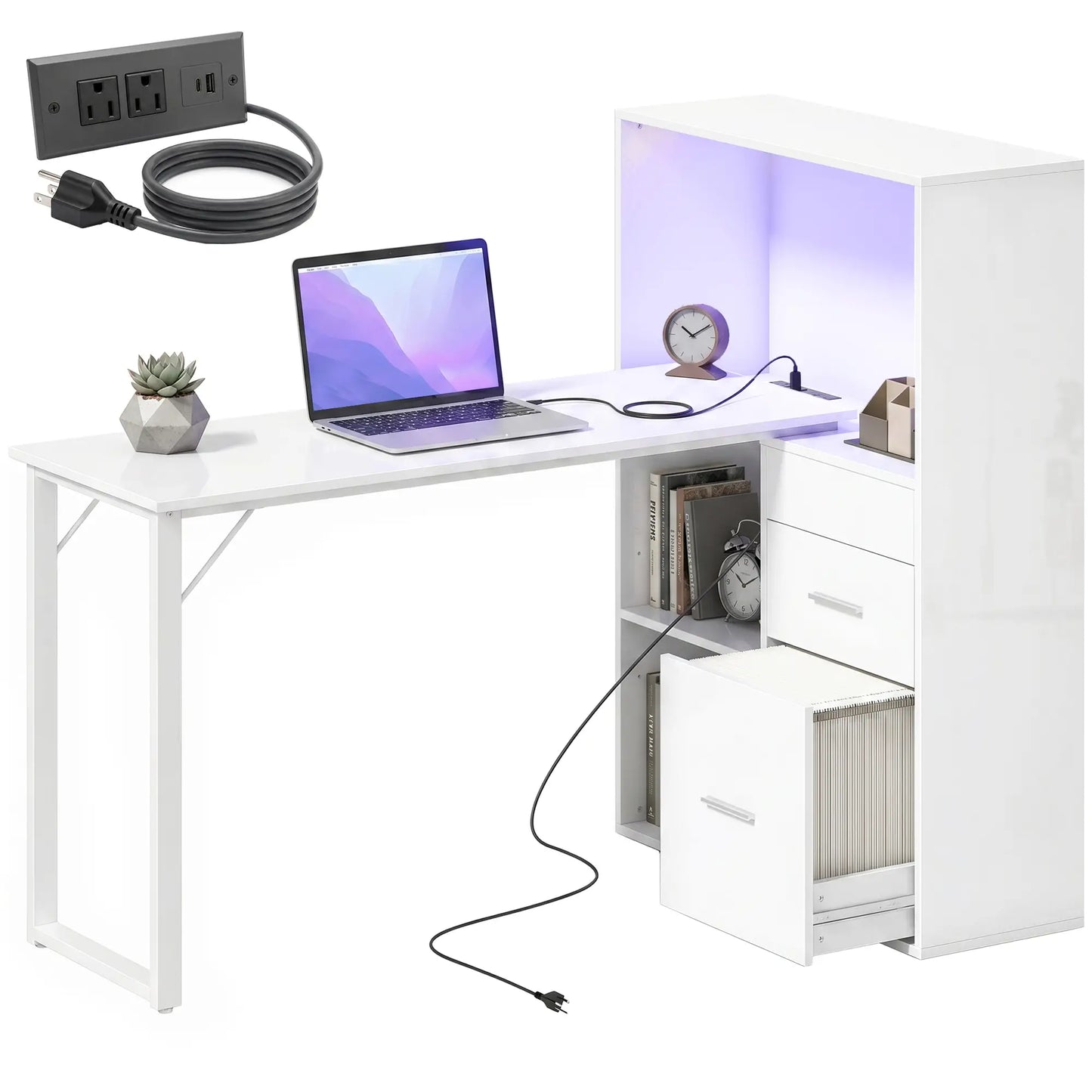 54" Computer Desk With Drawers, Power Outlets, LED Lights, White Computer Desks at Gallery Canada