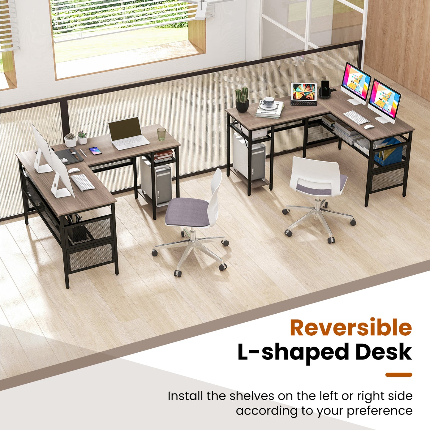 L-Shaped Computer Desk With Charging Station, Adjustable Shelf, Gray L-Shaped Desks at Gallery Canada