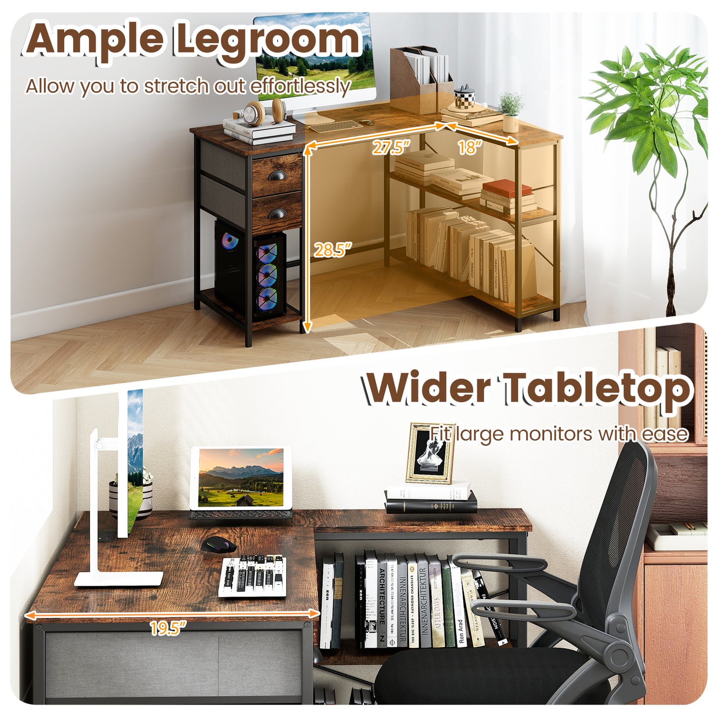 L Shaped Desk With Charging Station, 2 Fabric Drawers, Brown L-Shaped Desks at Gallery Canada