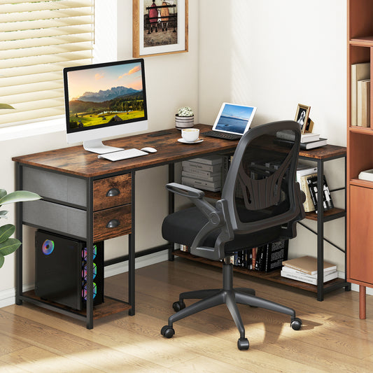 L Shaped Desk With Charging Station, 2 Fabric Drawers, Brown L-Shaped Desks Rustic Brown at Gallery Canada