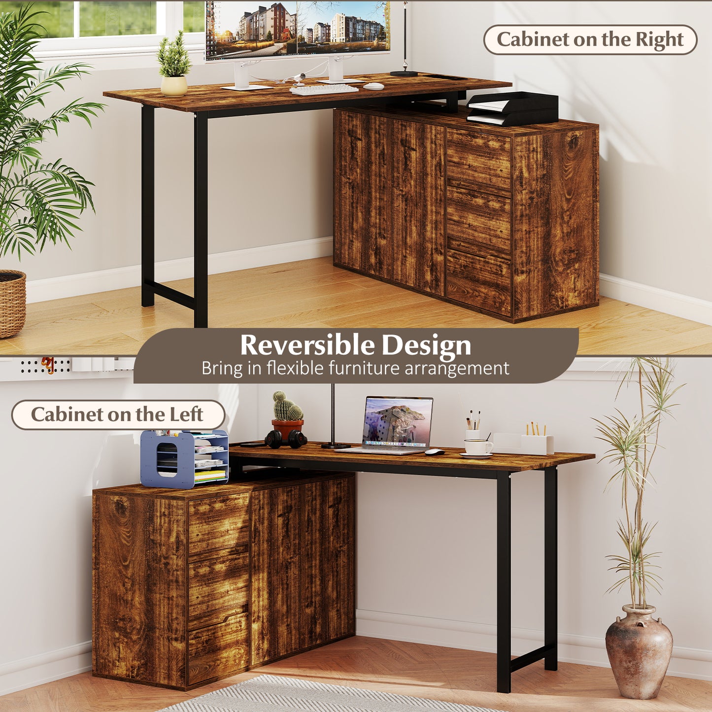 L-Shaped Desk With File Cabinet, Power Outlet, Brown L-Shaped Desks at Gallery Canada