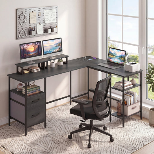 L Shaped Desk with Power Outlet, Reversible Computer Desk, Black L-Shaped Desks Black at Gallery Canada