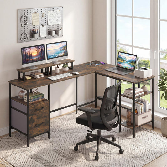 L Shaped Desk with Power Outlet Reversible Computer Desk with Monitor Stands, Rustic Brown L-Shaped Desks Rustic Brown at Gallery Canada