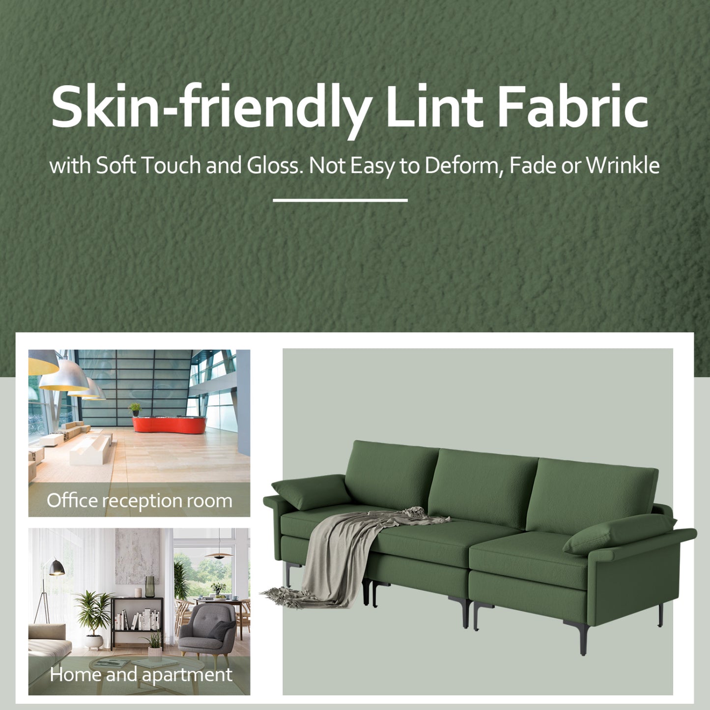 Large 3-Seat Sofa Sectional, Metal Legs, 2 USB Ports, Army Green Sofas & Loveseats at Gallery Canada