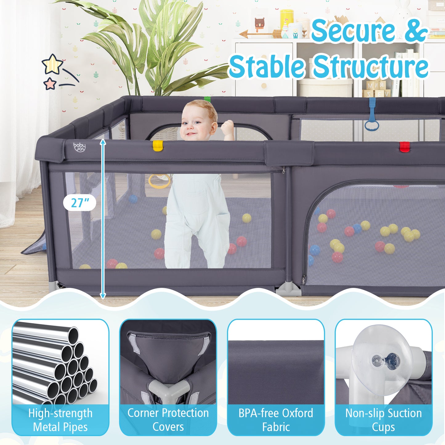 Large Baby Playpen With Mat And Ocean Balls, Dark Gray Baby Playpen & Playards at Gallery Canada