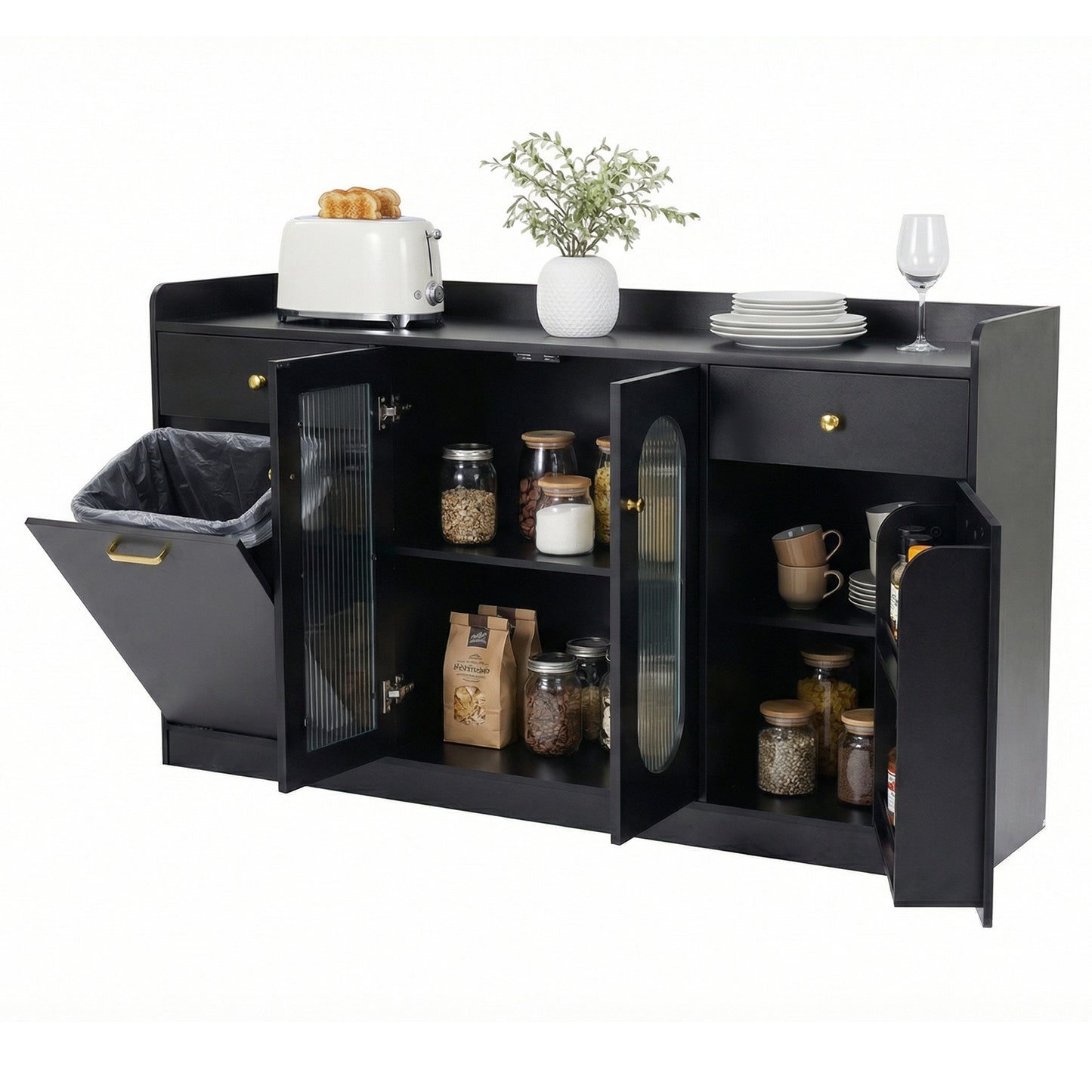 Large Buffet Cabinet, Hidden Tilt Out Trash Can, 2 Glass Doors, Black Sideboards Cabinets & Buffets at Gallery Canada