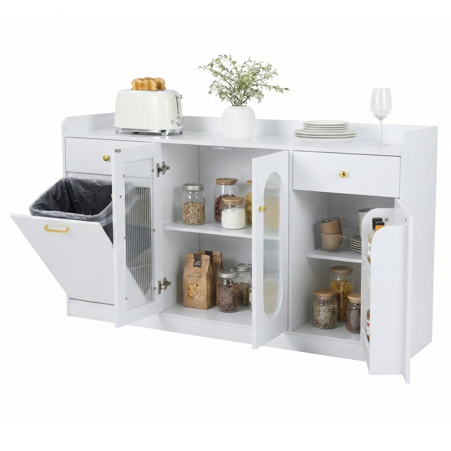 Large Buffet Cabinet, Hidden Tilt Out Trash Can, 2 Glass Doors, White Sideboards Cabinets & Buffets at Gallery Canada