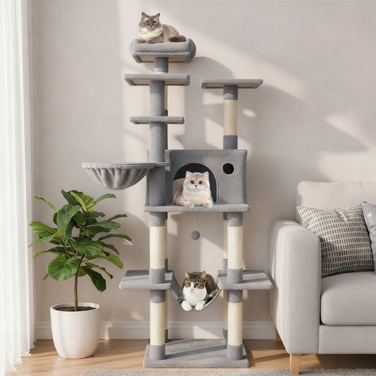 Large Cat Tree for Indoor Cats 63" Tall Cat Tower-Lght Gray, Light Gray