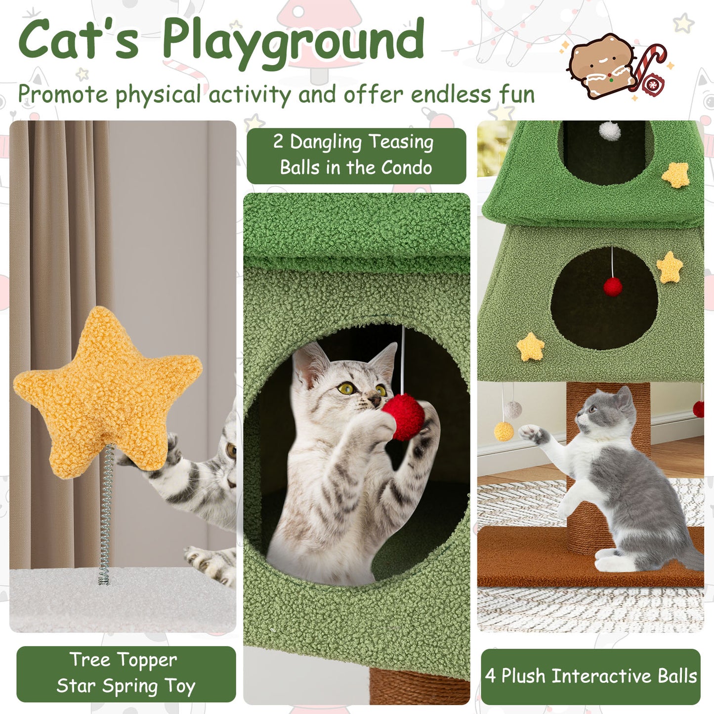 Large Christmas Cat Tree for Indoor Cats 64" Cute Cat Tower with 3 Condos, Green Cat Trees Condos & Scratchers at Gallery Canada