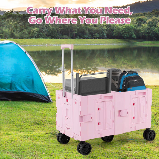 Large Foldable Utility Cart, 2-Tier Storage Crates, Telescoping Handle, Pink Camping Furniture Pink at Gallery Canada