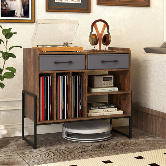 Large Record Player Stand with Charging Station Mid Century Modern Vinyl Storage Cabinet, Rustic Brown