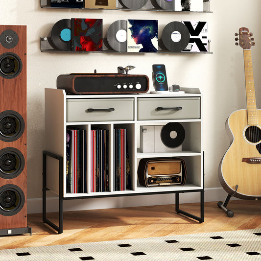 Large Record Player Stand with Charging Station Mid Century Modern Vinyl Storage Cabinet, White