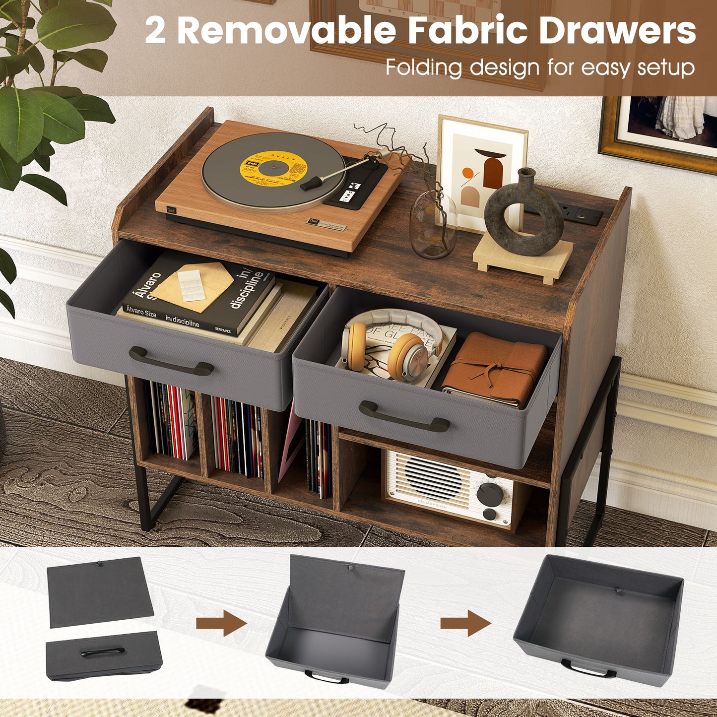 Large Record Player Stand with Charging Station Mid Century Modern Vinyl Storage Cabinet, Rustic Brown End & Side Tables at Gallery Canada
