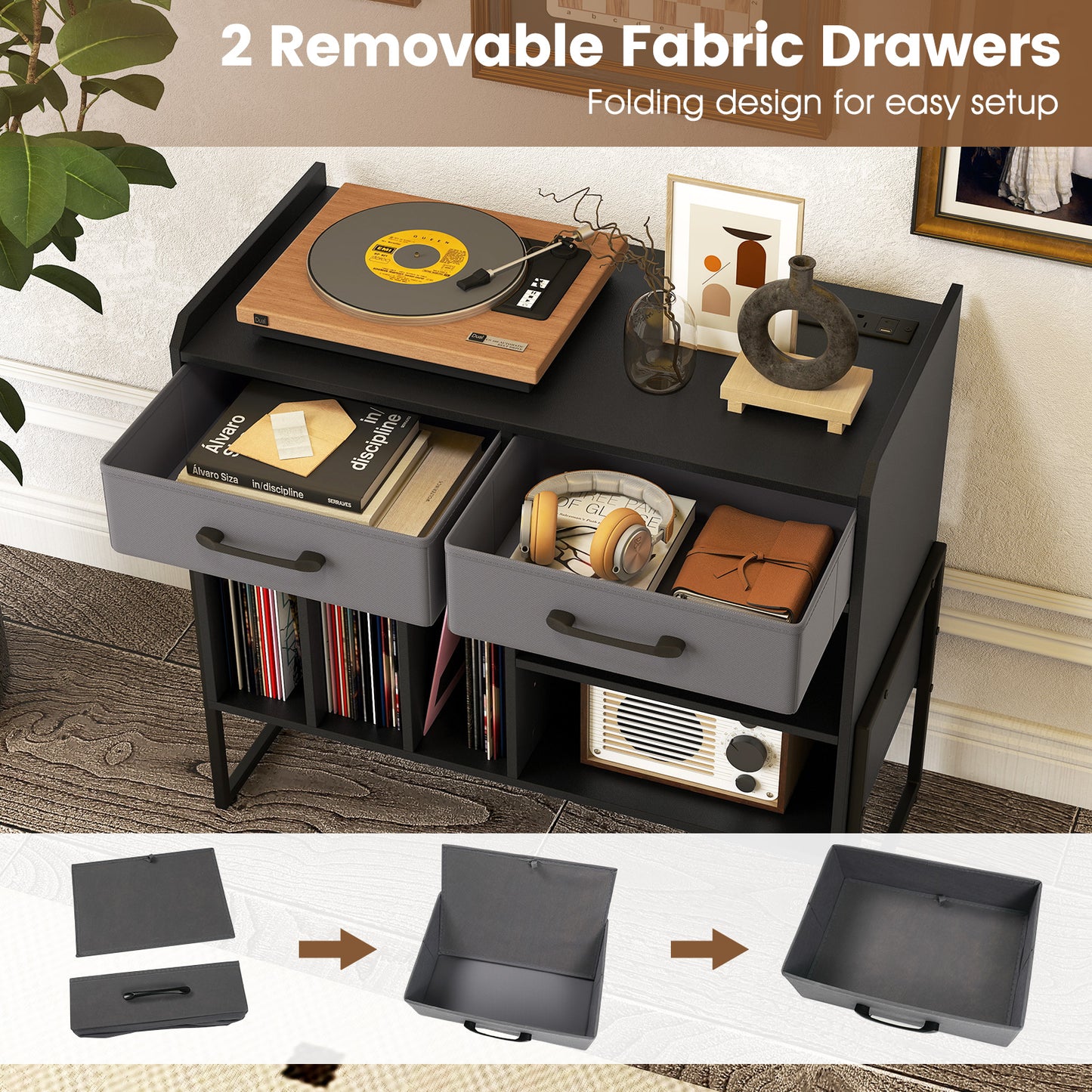 Large Record Player Stand with Charging Station Mid Century Modern Vinyl Storage Cabinet, Black End & Side Tables at Gallery Canada