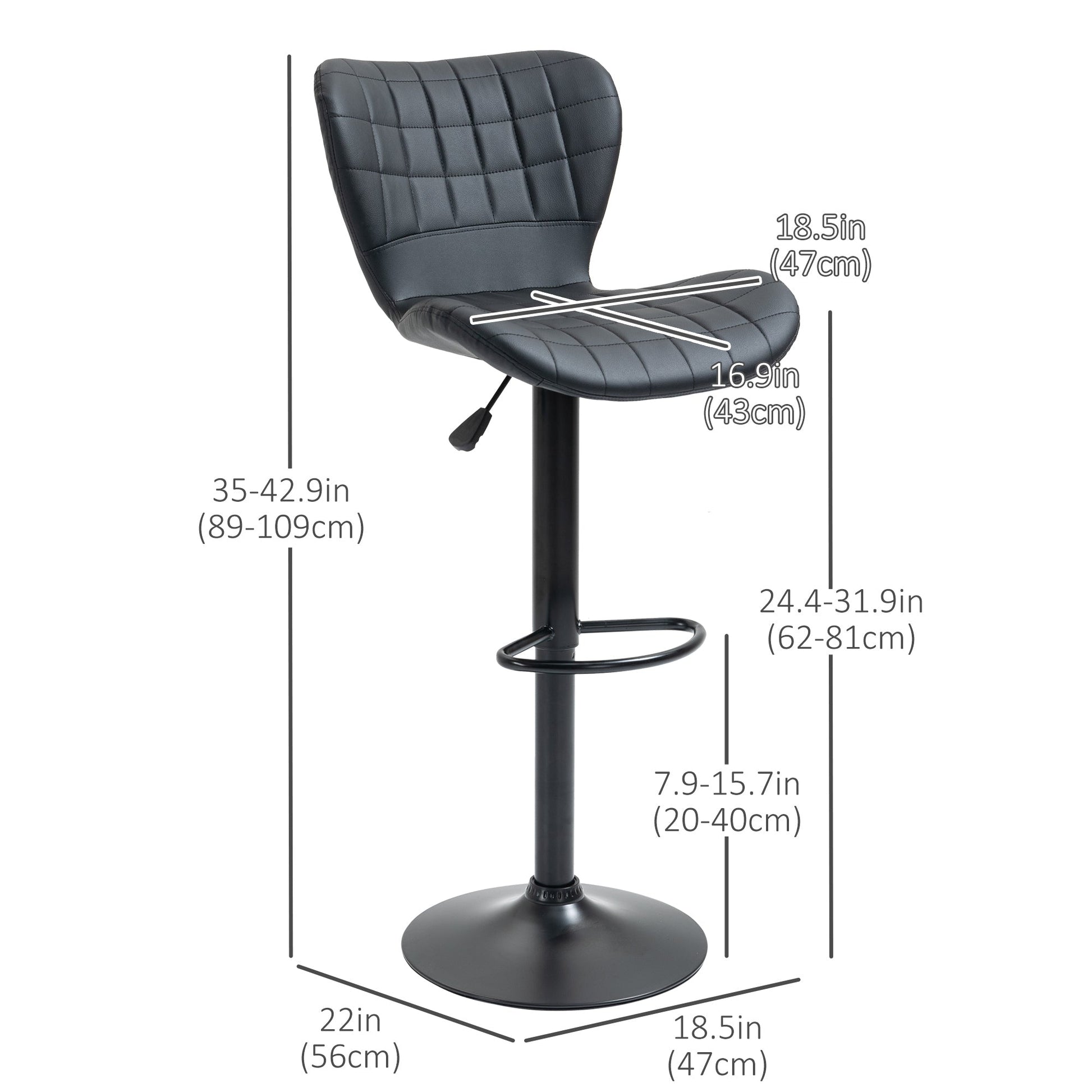 Bar Stools Set of 2 Adjustable Height Swivel Bar Chairs in PU Leather with Backrest &; Footrest, Black at Gallery Canada