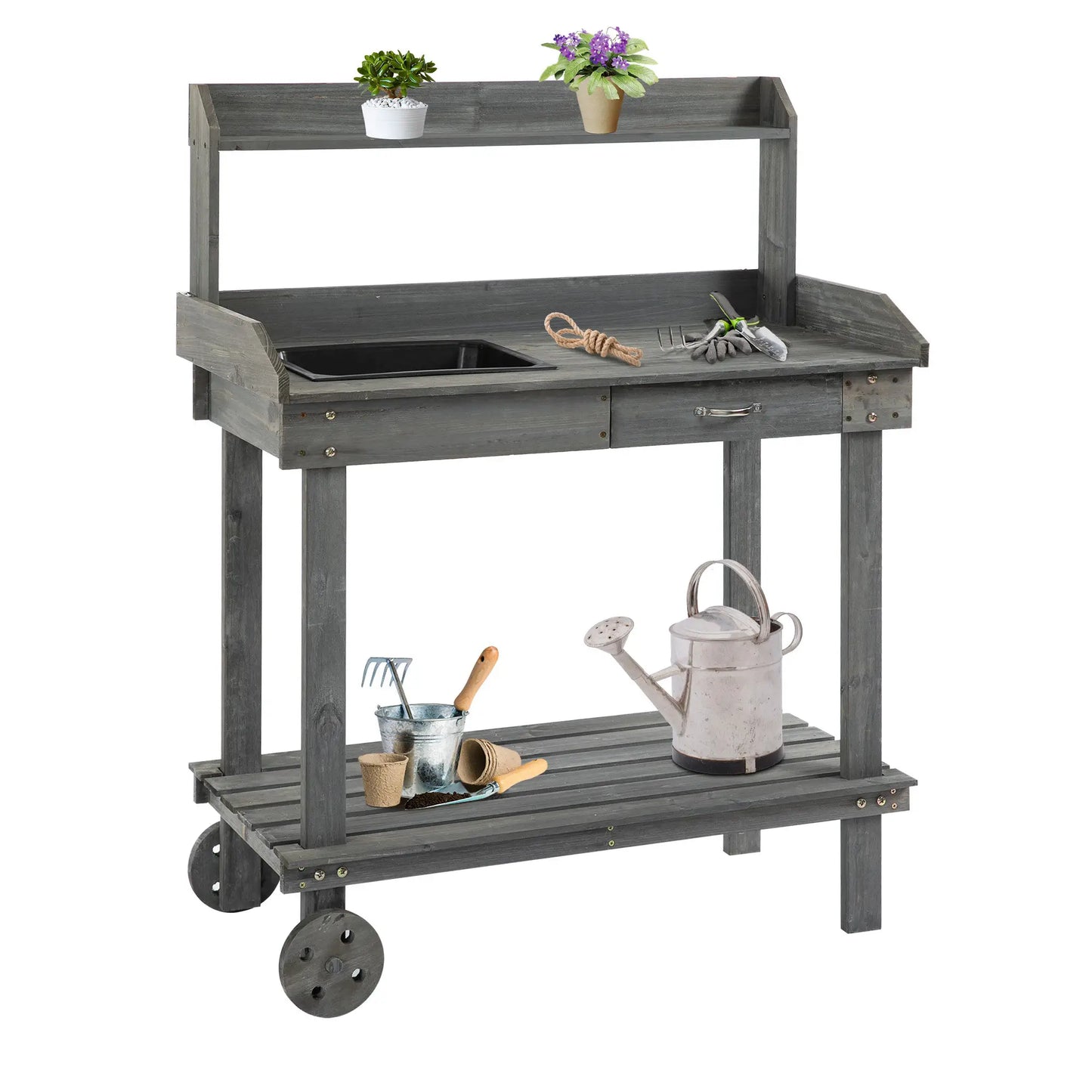 36" Wooden Potting Bench, Work Table, 2 Wheels, Sink, Drawer, Gray Potting Benches & Tables at Gallery Canada